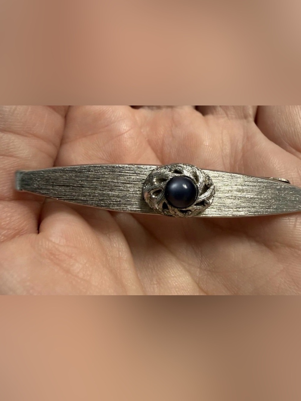 Vintage 1960s SWANK Tie Clip Textured Rhodium Blue Cabochon Stone